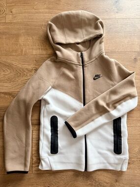 Nike Tech Tan and White Full-Zip Hooded Jacket - Youth L
